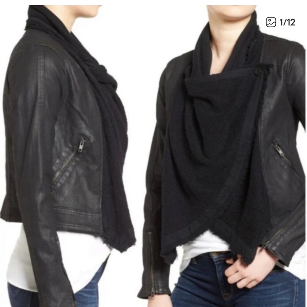Free People Drape Front Coated Denim Moto Mixed Media Black Leather Jacket Sz 12 - Picture 2 of 11